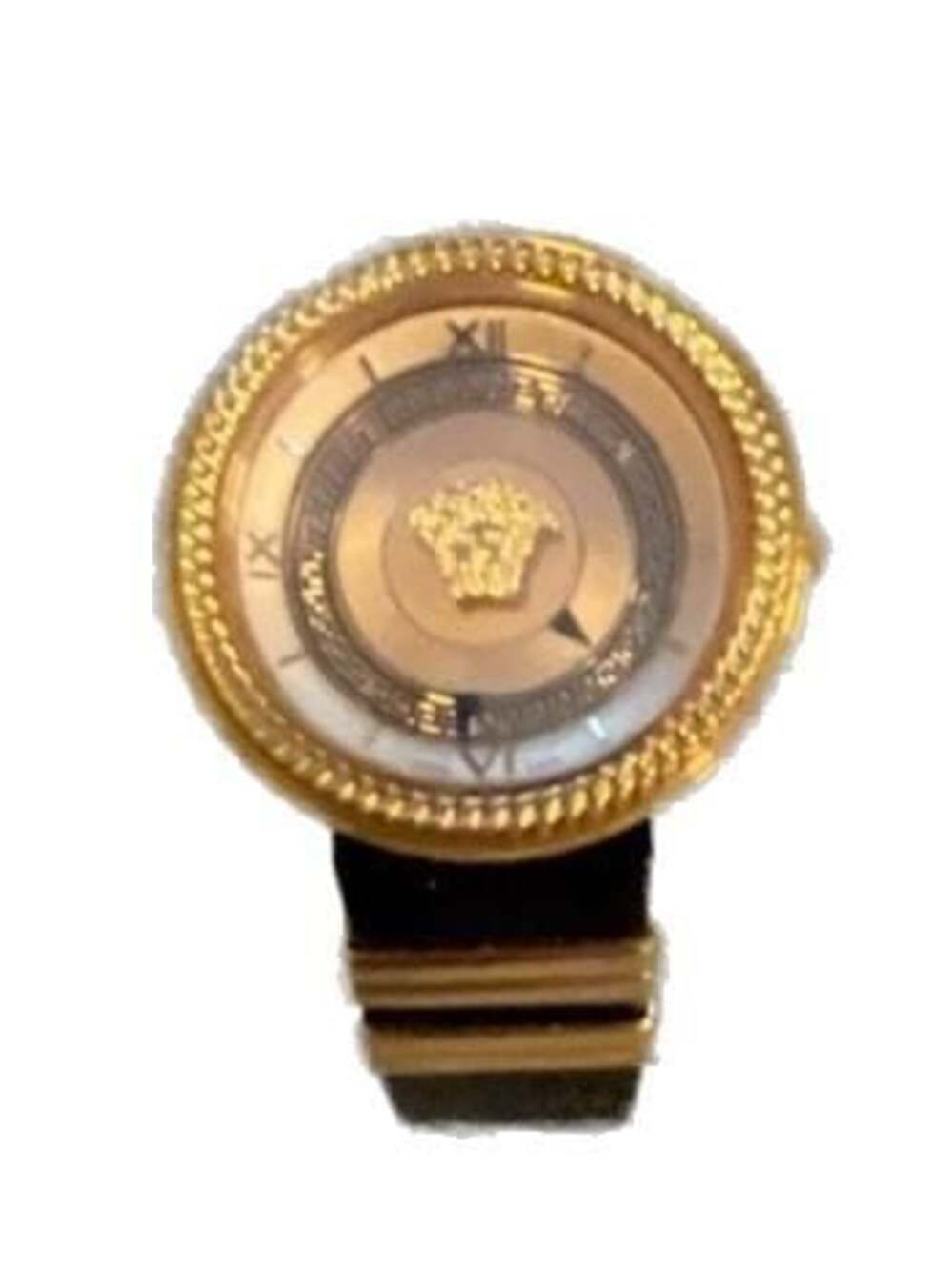 Versace V-Metal Icon Gold-Tone Dial Black Leather Strap Watch